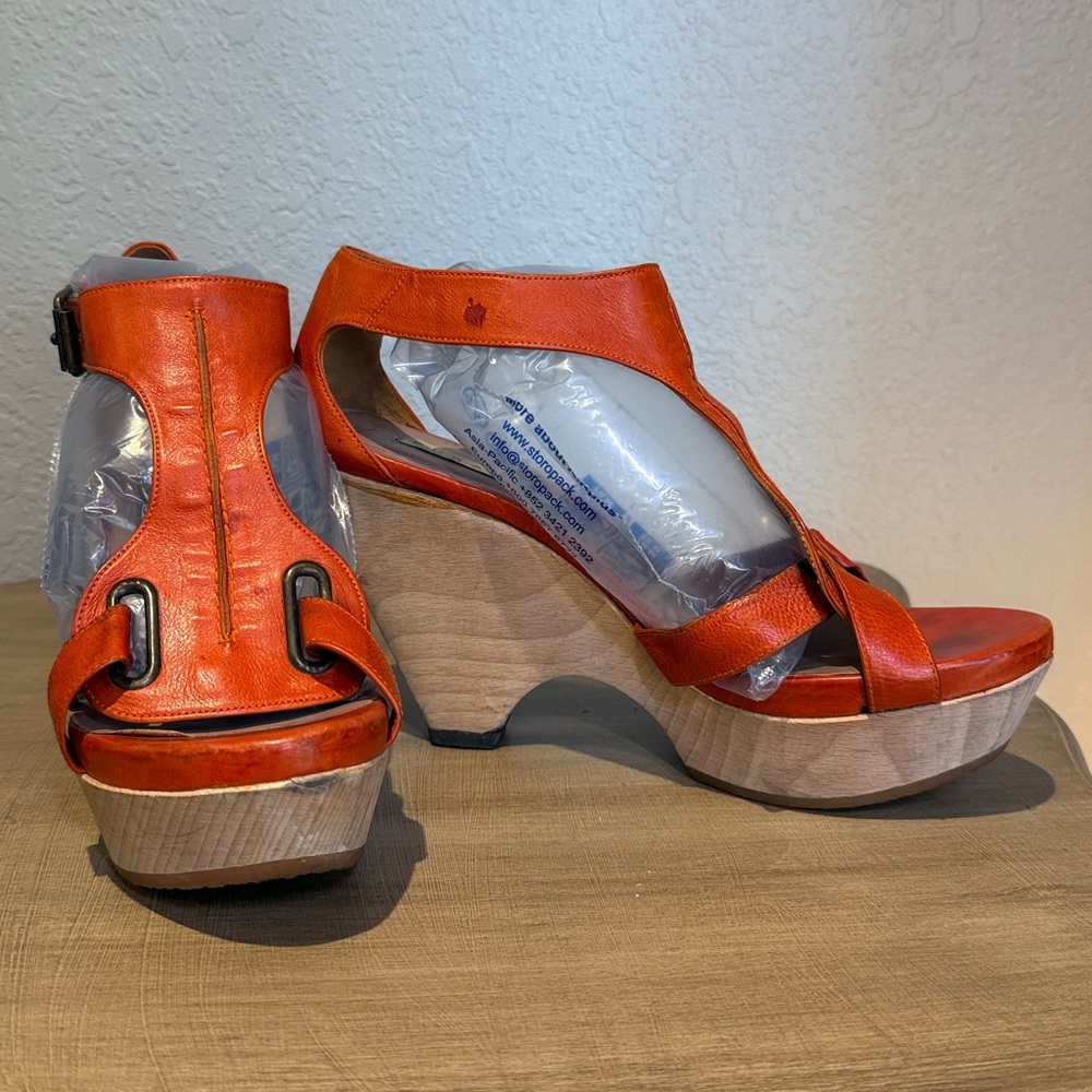 Pura Lopez Womens Size 39 Wooden Block Heel Clog Platform Shoes Orange Leather
